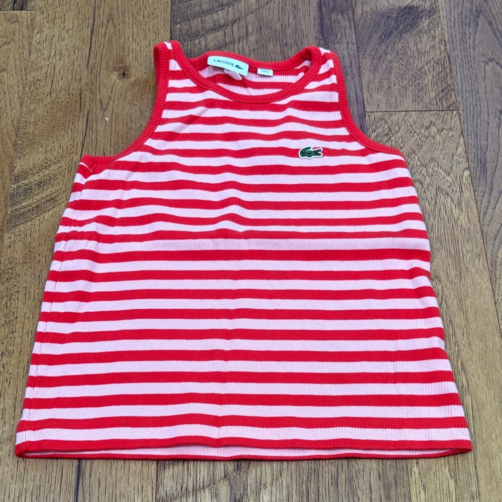 Lacoste Girl’s Red and Pink Striped Tank Top Size 6